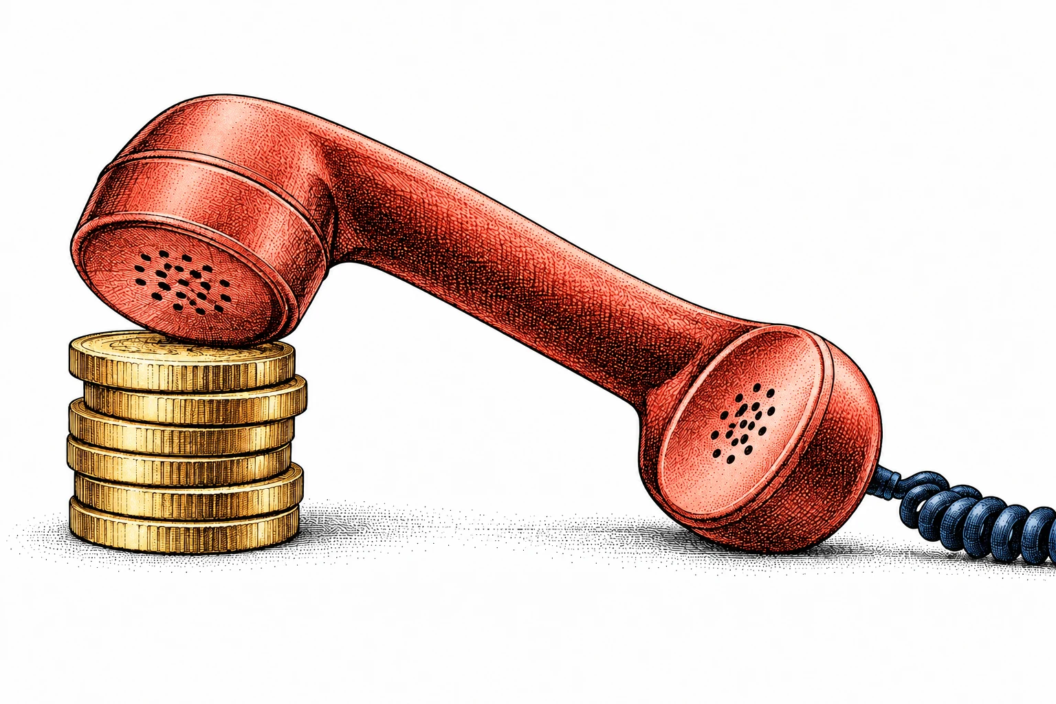 A telephone handset and coins in a pen-and-ink illustration
