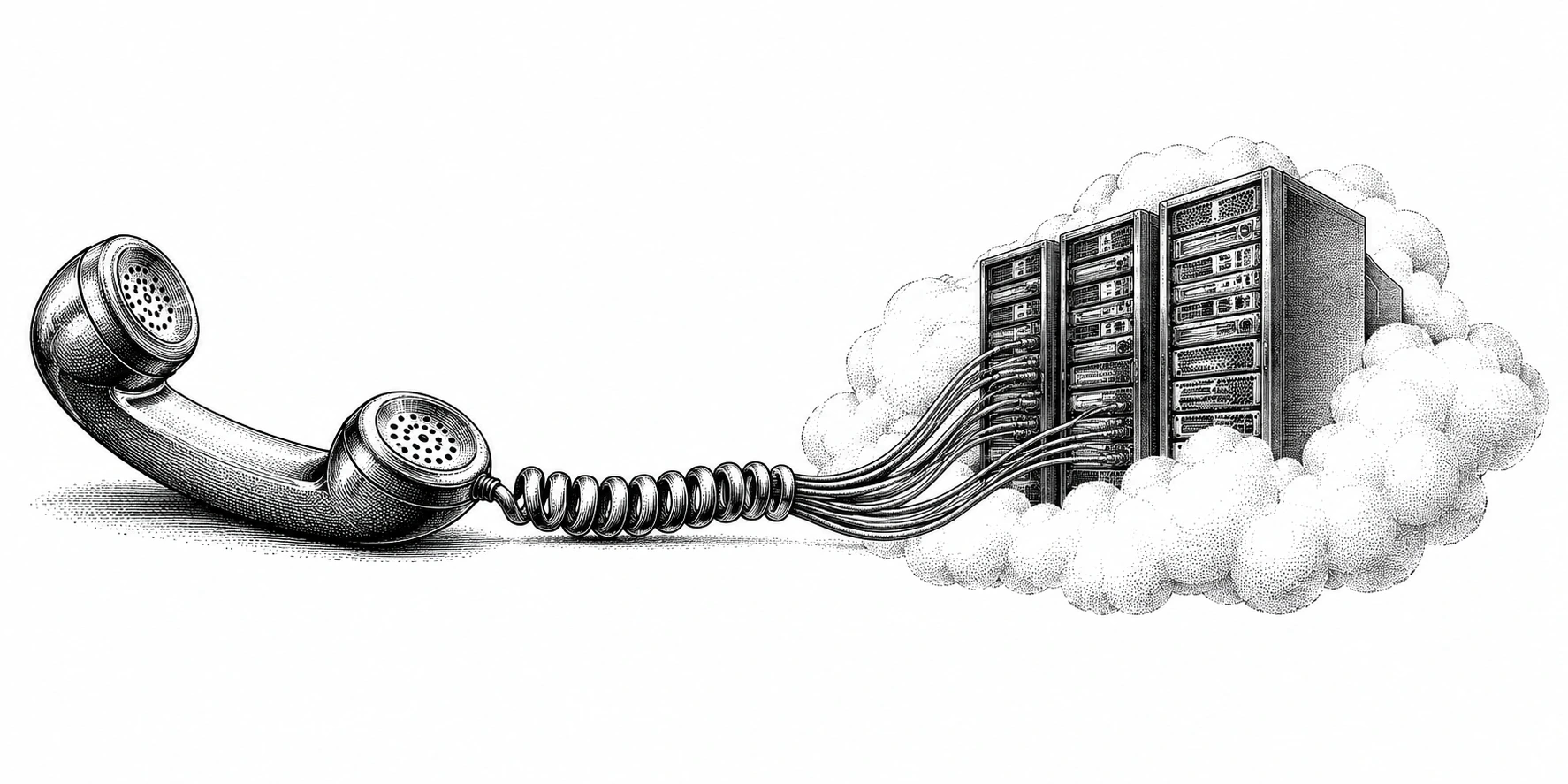 A telephone connected to cloud server racks in a pen-and-ink illustration