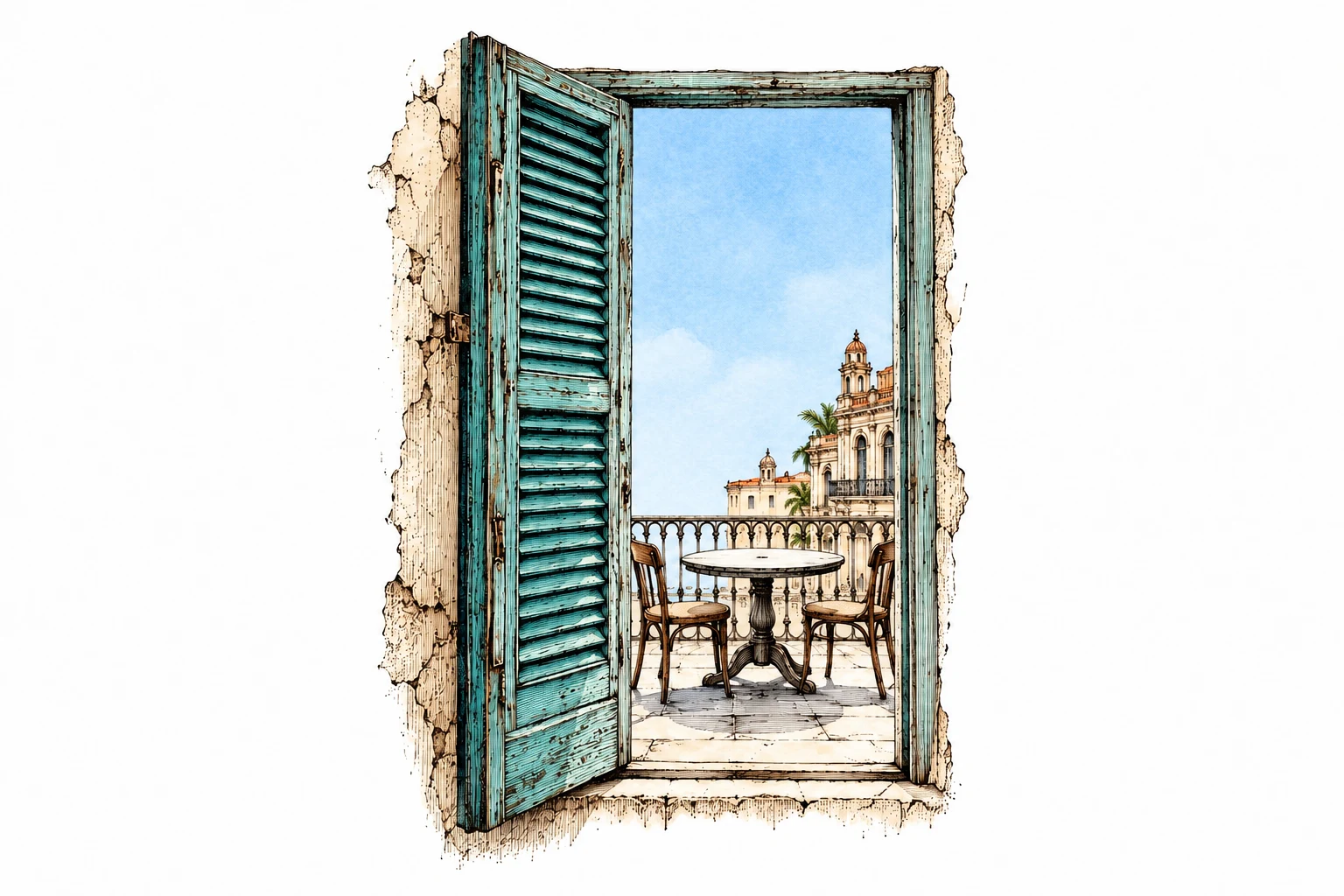An open shutter overlooking an empty table in Havana