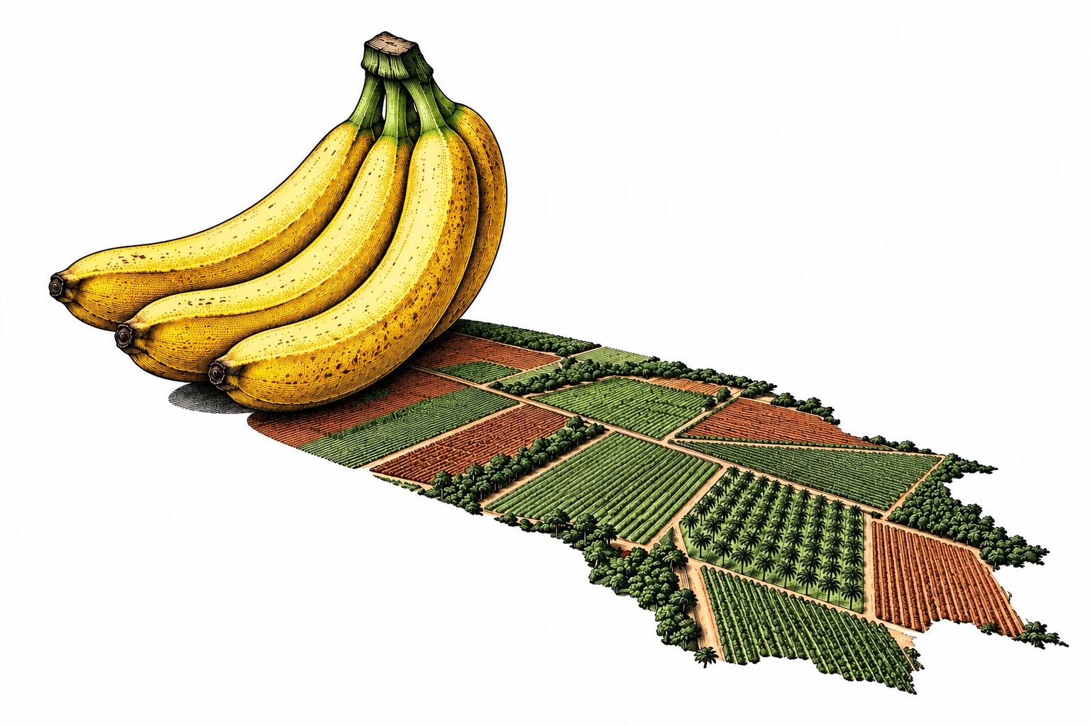 Bananas and agricultural land parcels in a pen-and-ink illustration