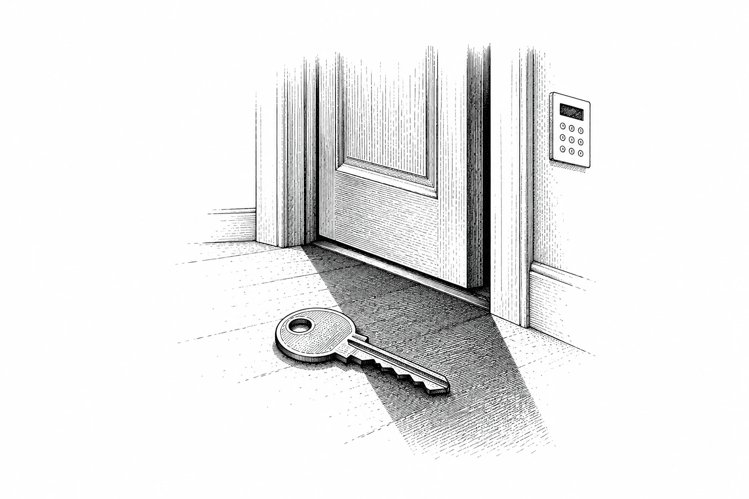 A key at an apartment threshold in a pen-and-ink illustration