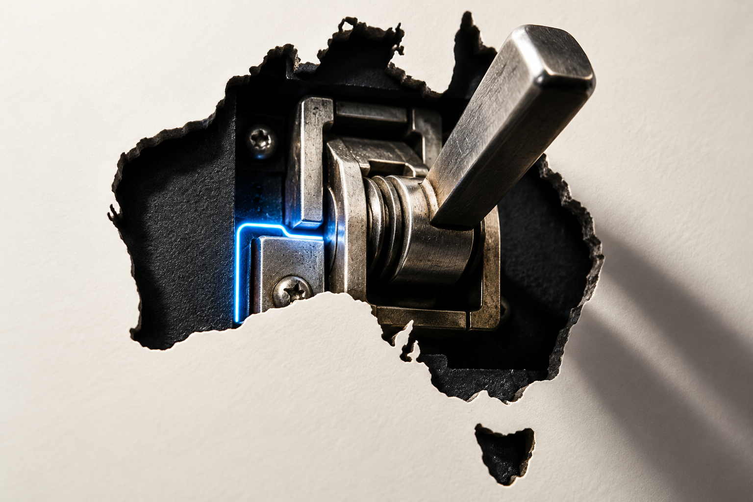 Editorial illustration of a metal power switch inside a silhouette suggesting Australia, with one blue electrical trace