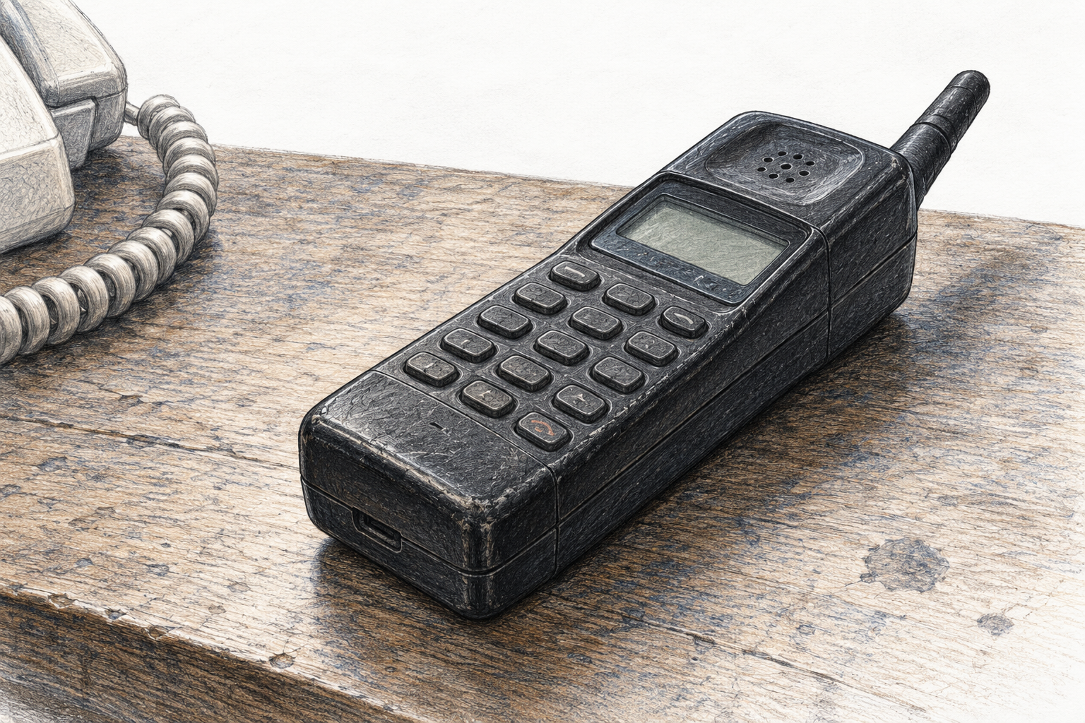 Graphite and blue-gray illustration of a 1990s mobile telephone on a wooden table