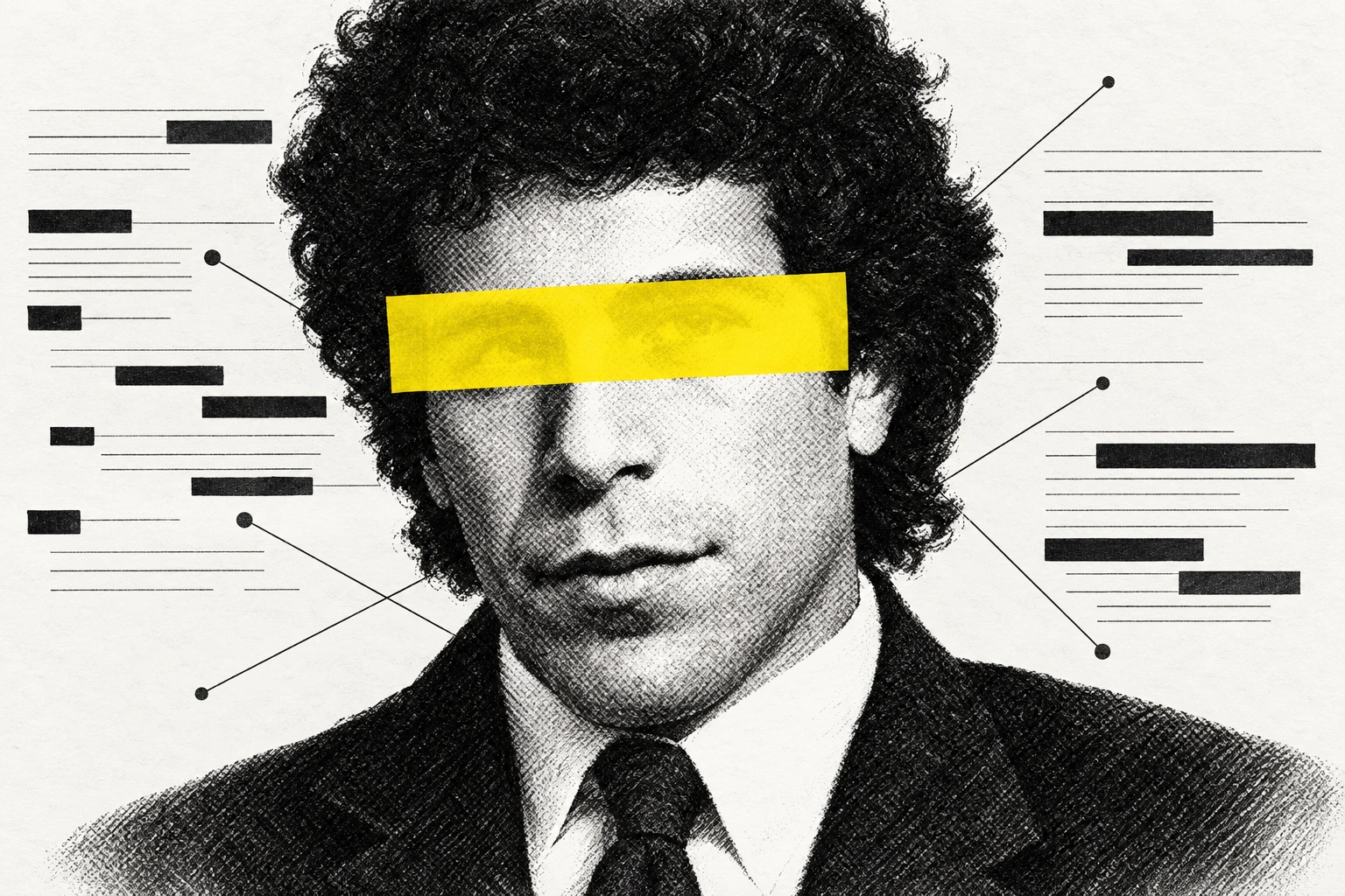 Graphite and ink illustration of a young Jeffrey Epstein, with a yellow band across his eyes and abstract redacted documents behind him