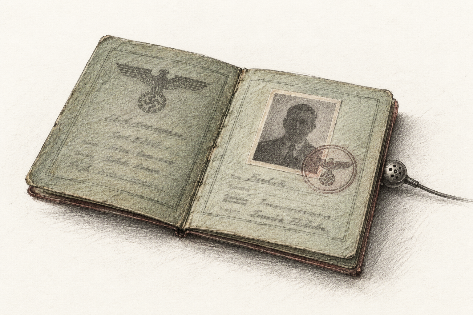 Graphite-and-coloured-pencil illustration of a green wartime identity booklet beside a microphone