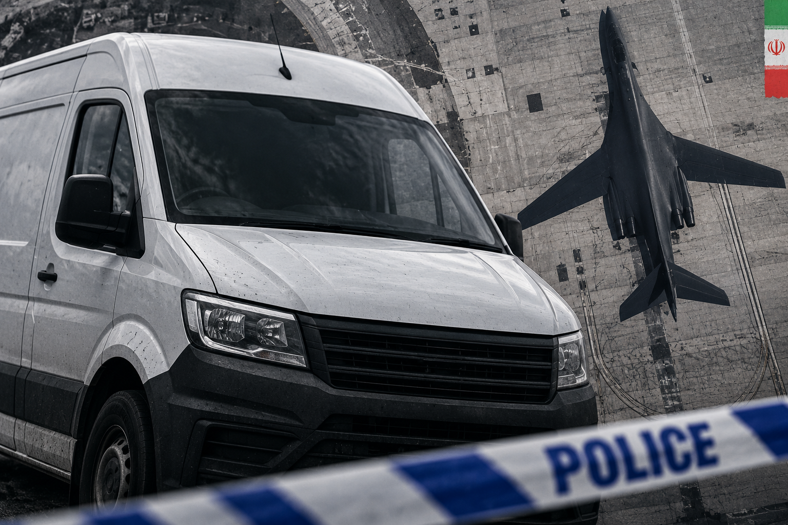 Editorial montage of a white panel van, police cordon tape and a bomber seen from above