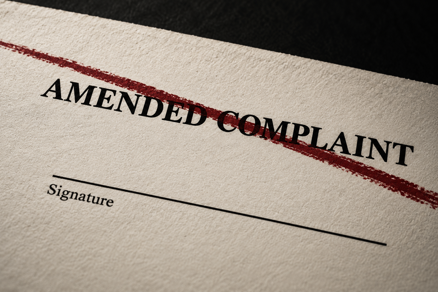 Editorial illustration of an amended complaint with an empty signature line
