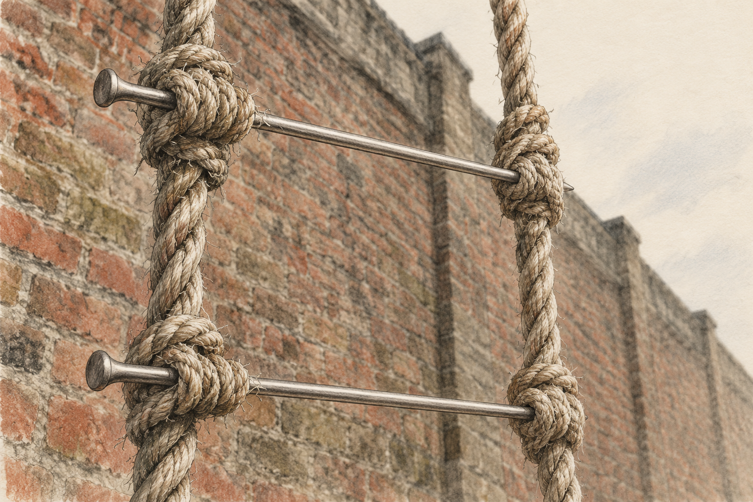 Pencil-and-ink illustration of a rope ladder with metal knitting-needle rungs beside a brick prison wall