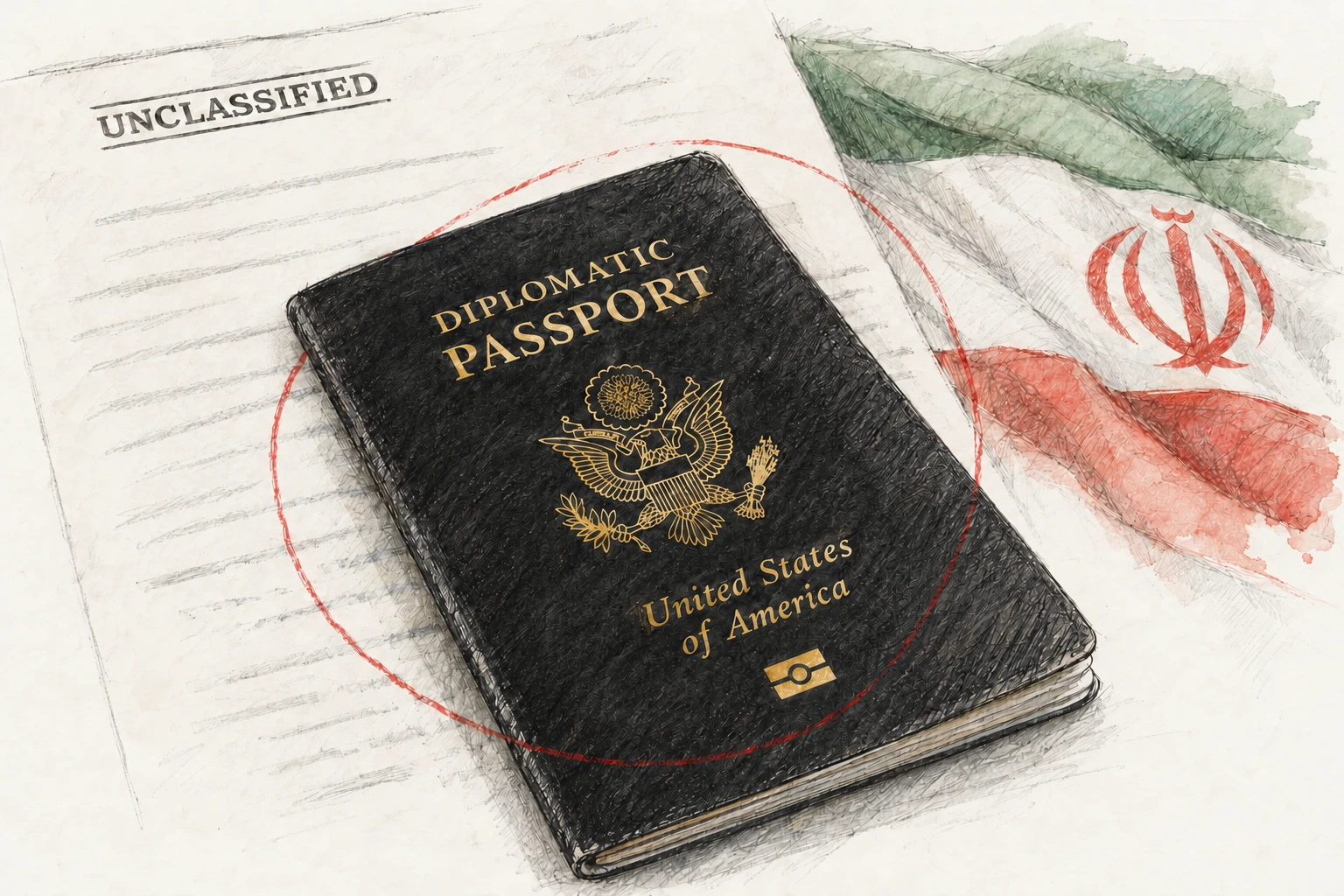 A pencil-and-ink illustration of a black U.S. diplomatic passport beside an Iranian flag and an unclassified memorandum
