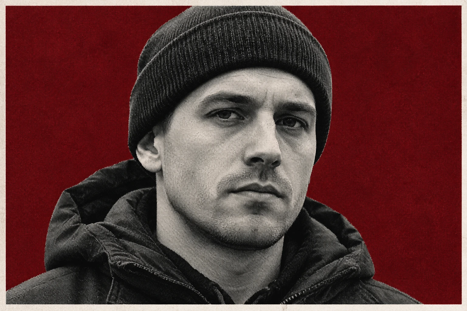 Editorial portrait of David Adrian Kercso against a dark red background