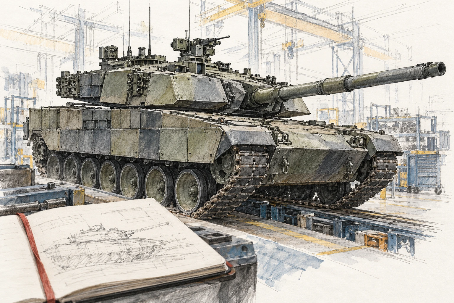 An ink-and-watercolor drawing of a main battle tank on an assembly line with an open sketchbook