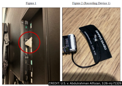 Justice Department evidence photographs of a recorder concealed behind a television and its small circuit board