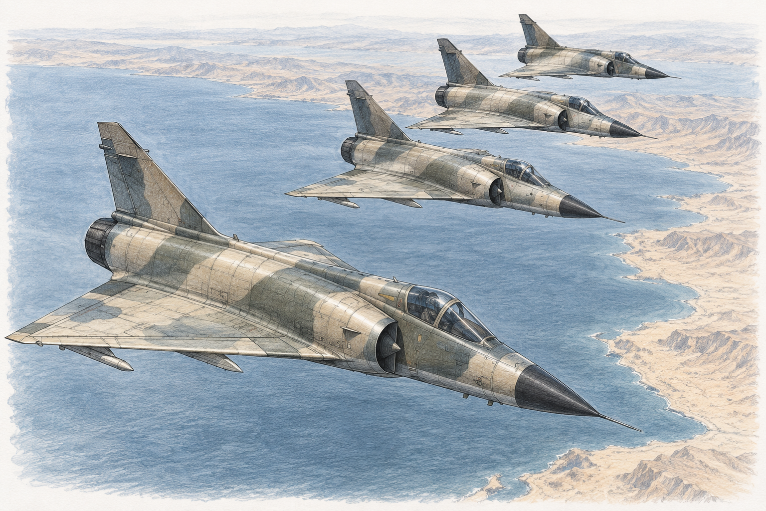 Pencil and watercolor reconstruction of four Mirage III aircraft above the Gulf of Suez