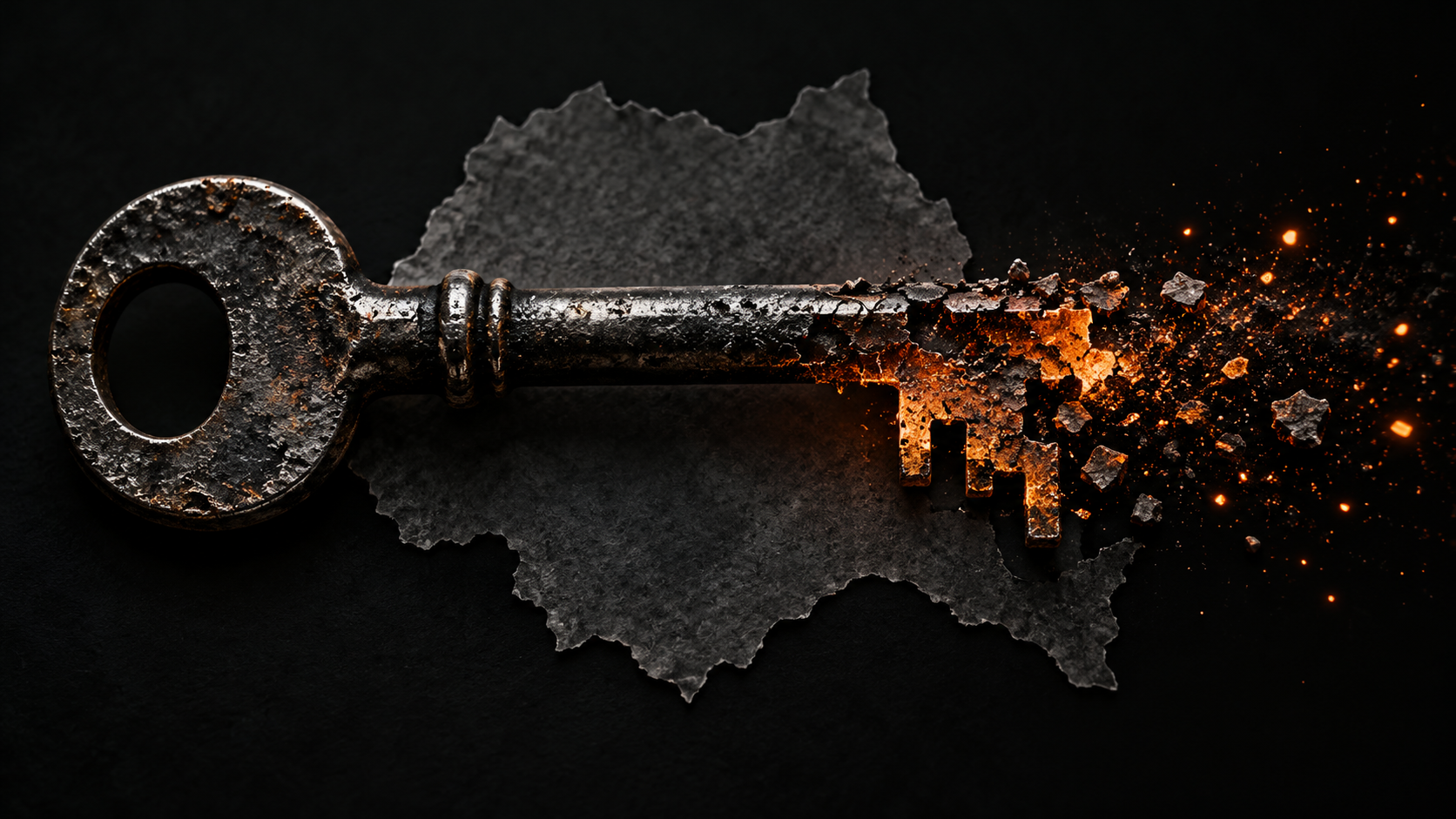 Conceptual editorial illustration of a charred key dissolving into orange embers over a torn silhouette suggesting Romania