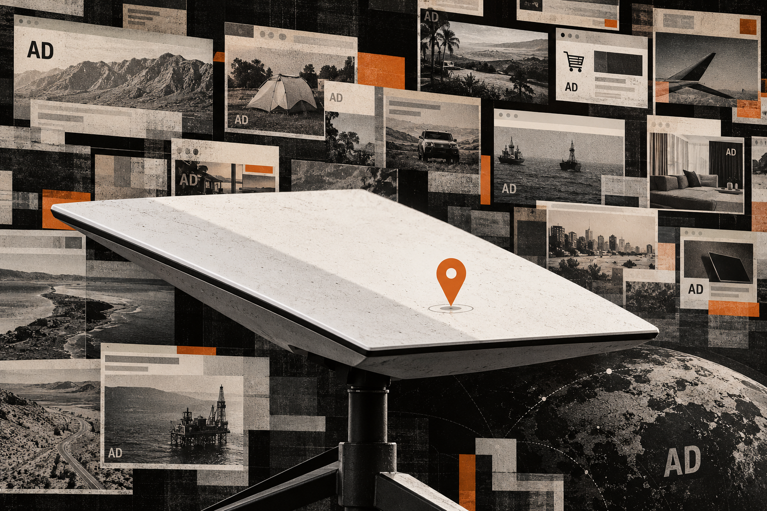 A white satellite internet terminal with an orange location marker, surrounded by monochrome online advertisements