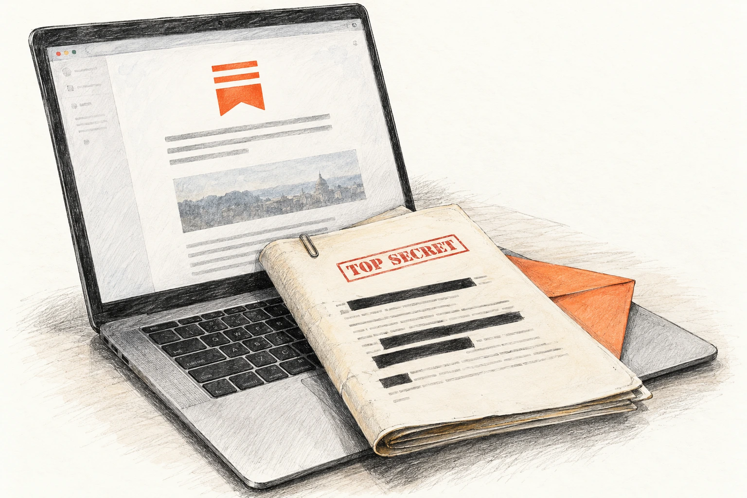 A pencil-and-ink drawing of redacted papers on a laptop displaying a newsletter