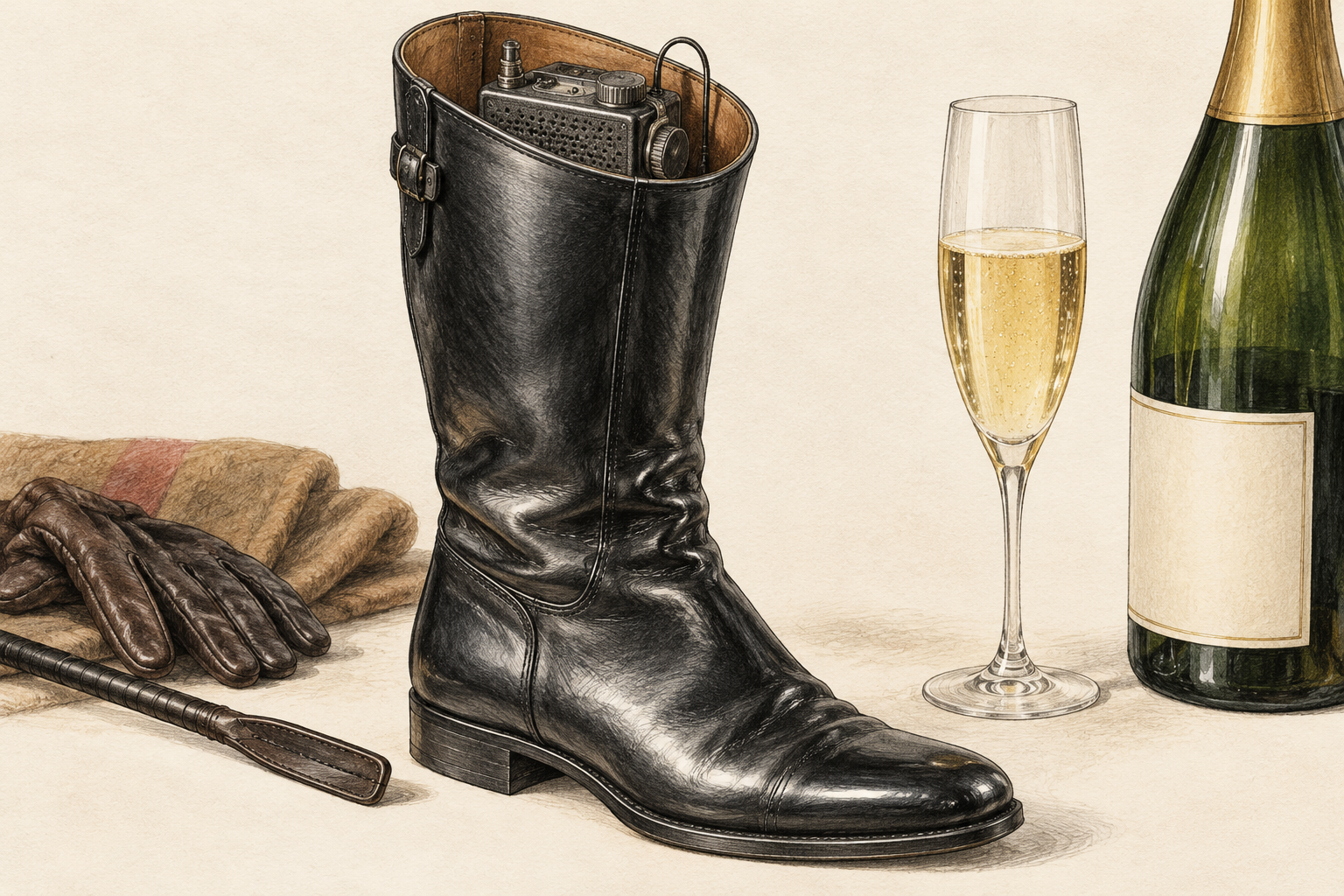 Editorial drawing of an equestrian boot with a symbolic radio beside a champagne bottle and glass