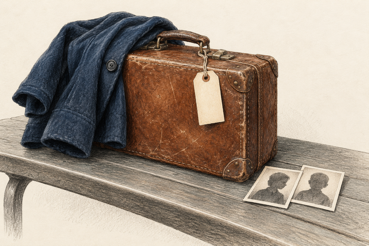 Editorial drawing of a child’s suitcase and coat beside two symbolic identity photographs