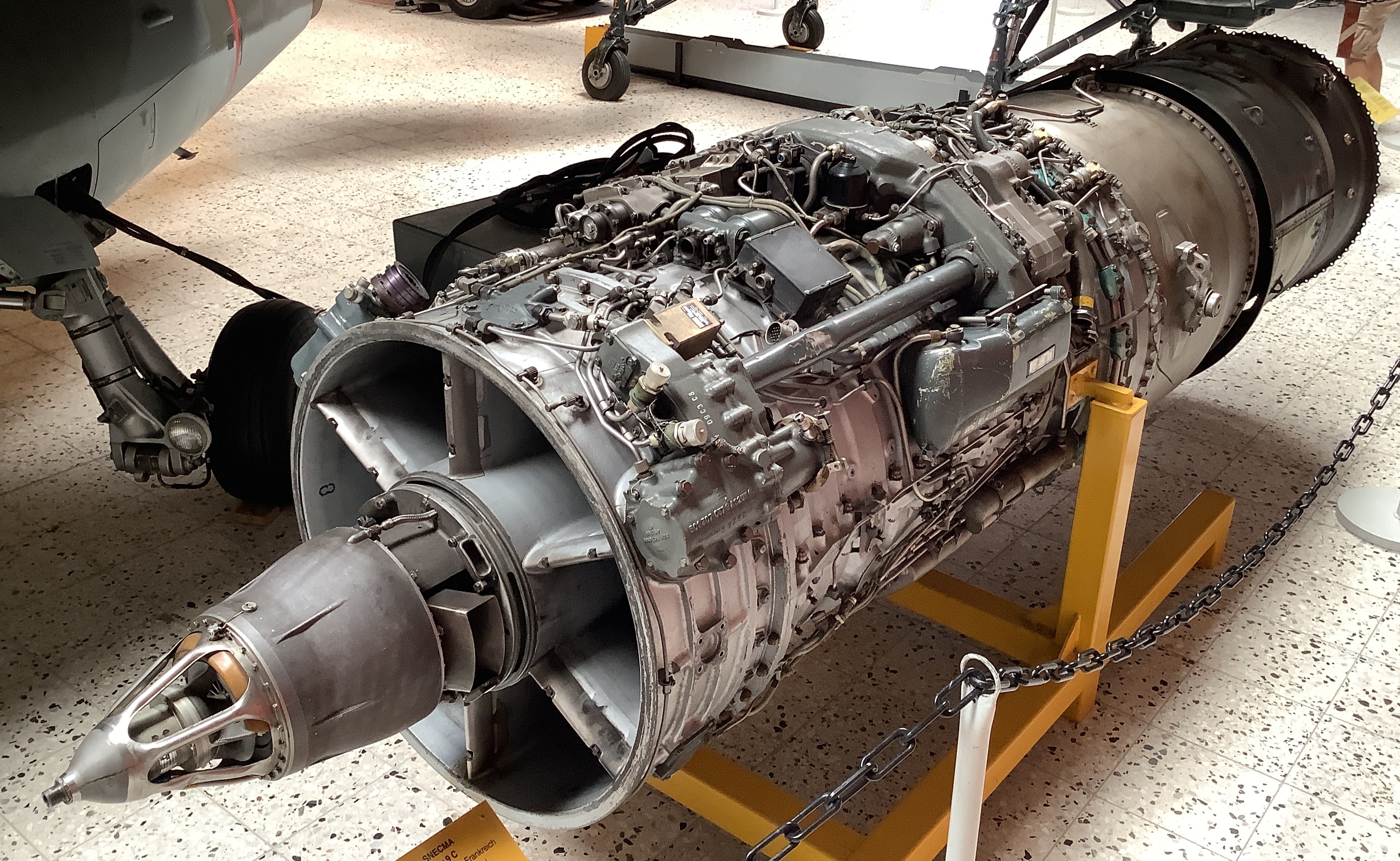 SNECMA ATAR9C jet engine on a museum display stand