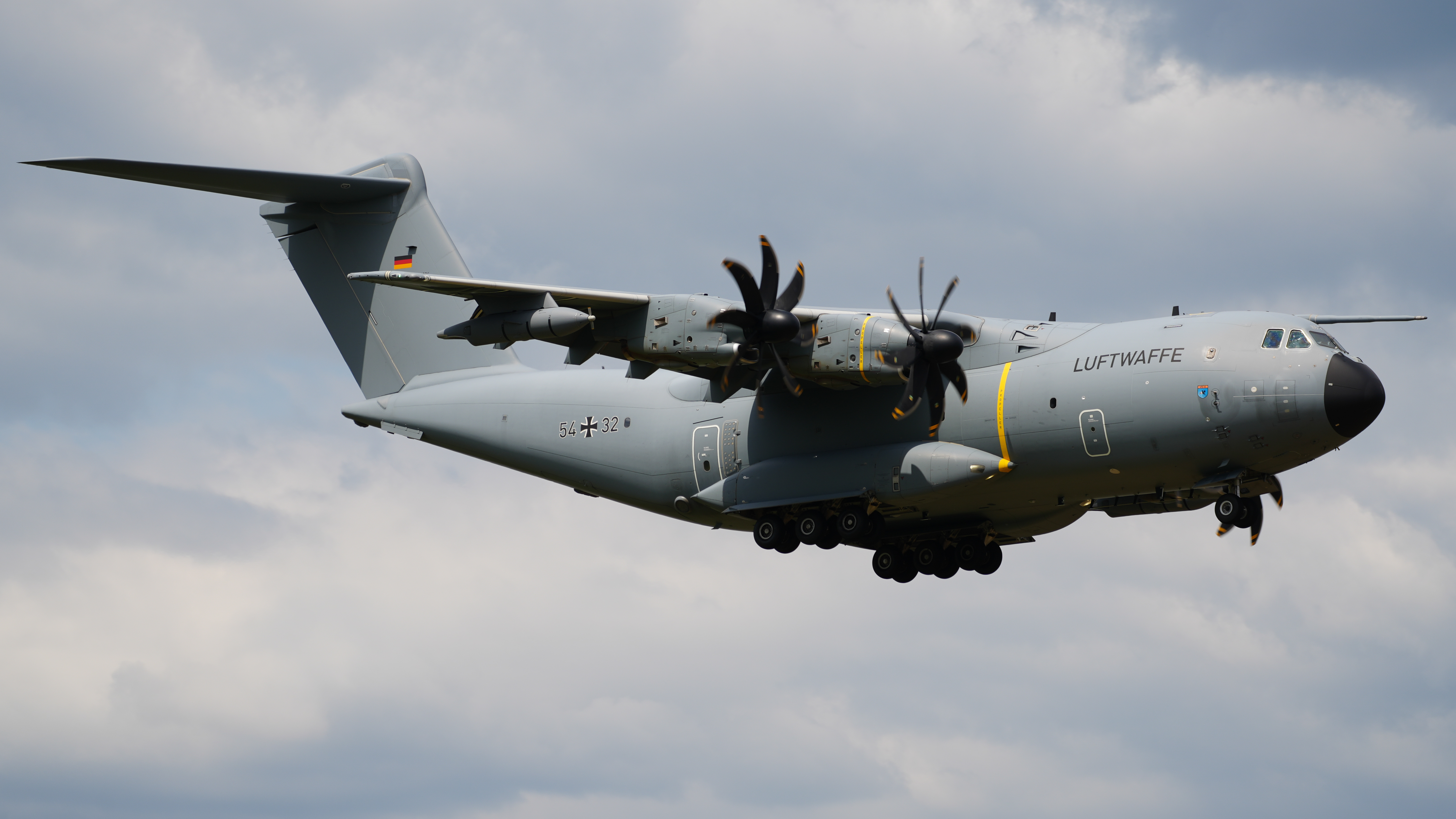 A German Air Force Airbus A400M approaching Wunstorf Air Base