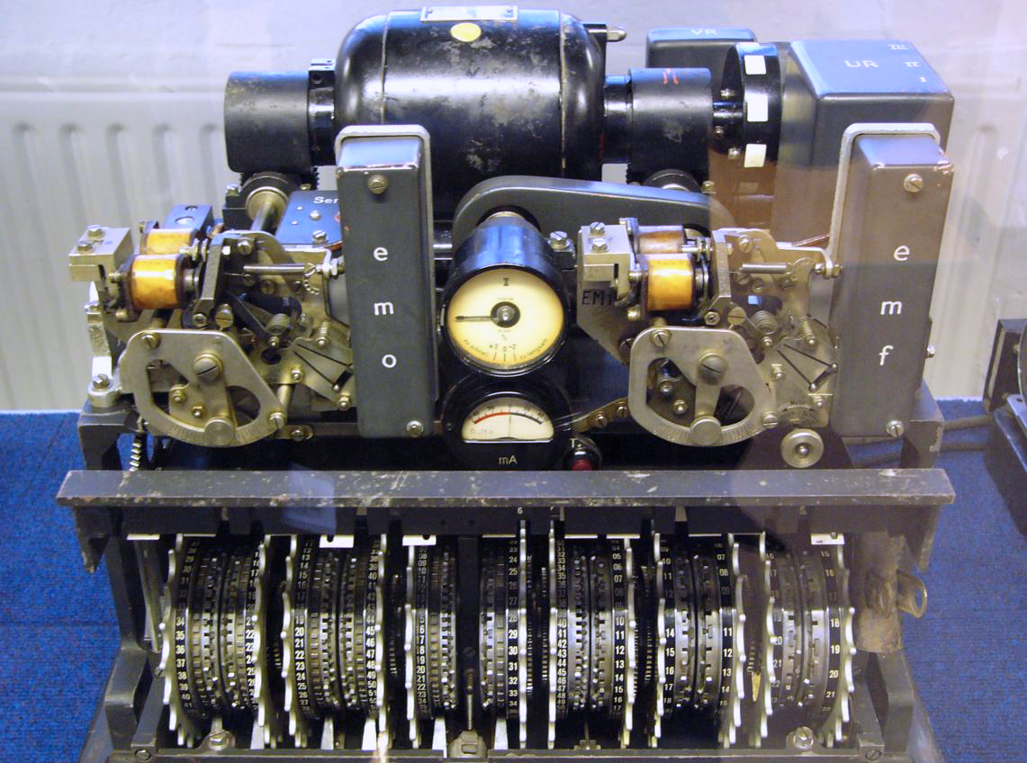 Lorenz SZ42 cipher machine with its case open and internal rotor wheels exposed
