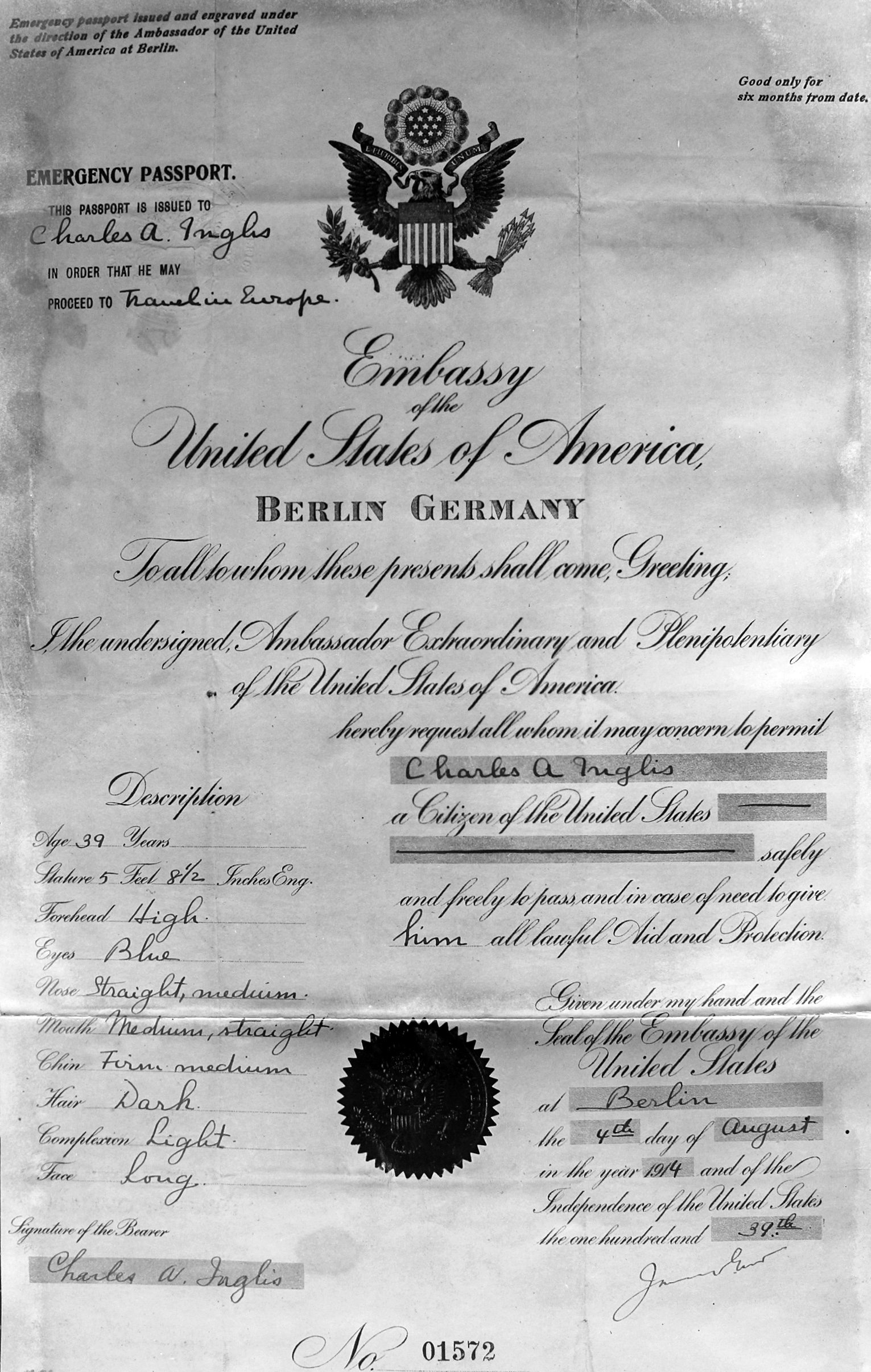 Emergency American passport in the name Charles A.Inglis used by German spy Carl Hans Lody