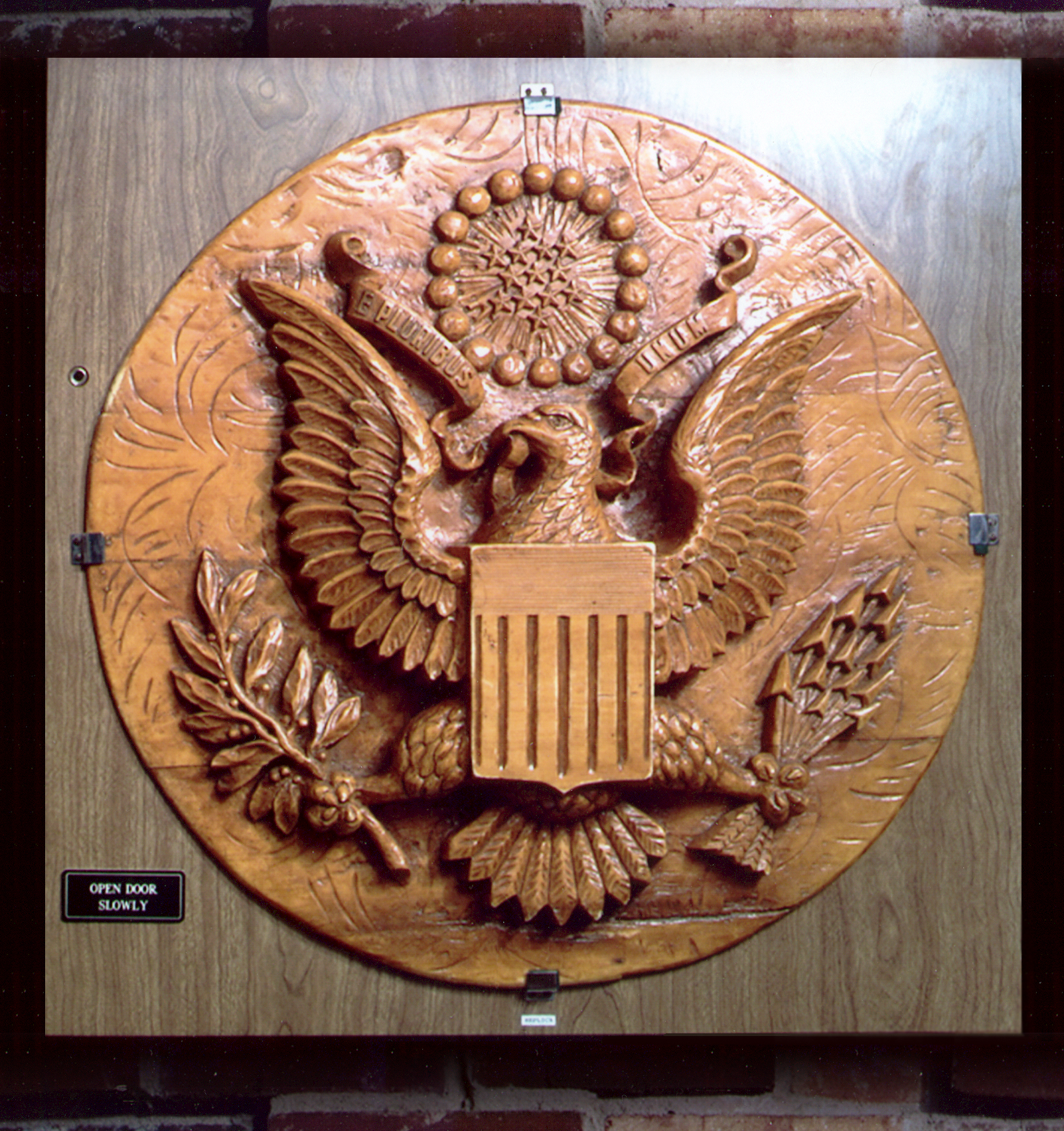 Opened wooden Great Seal carving showing a concealed listening-device cavity