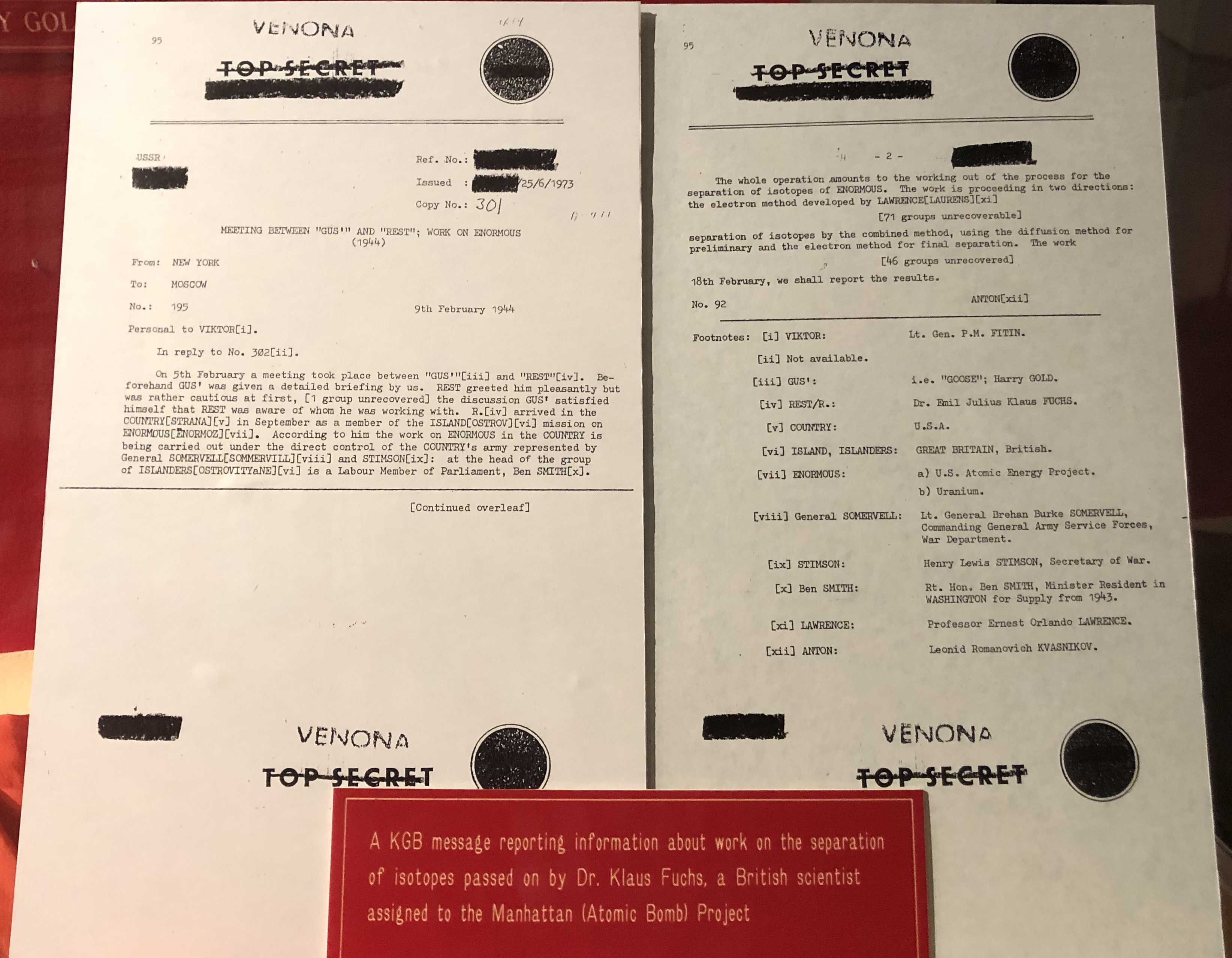 A declassified VENONA message displayed in a museum